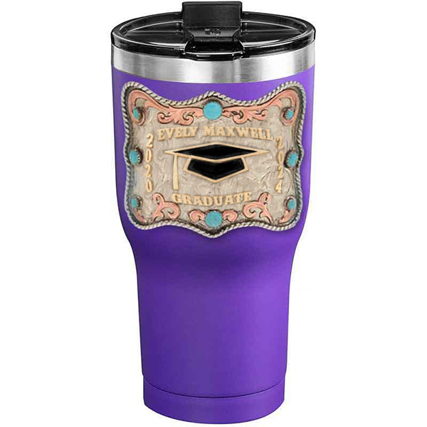 A customized tumbler made of stainless steel with a personalized engraved name and graduate cap figure, 30 oz, ideal for coffee or cool drinks